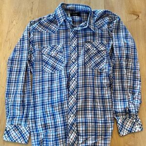 Vintage Wrangler Blue and White Plaid Long-Sleeve Western Shirt Pearl Snaps